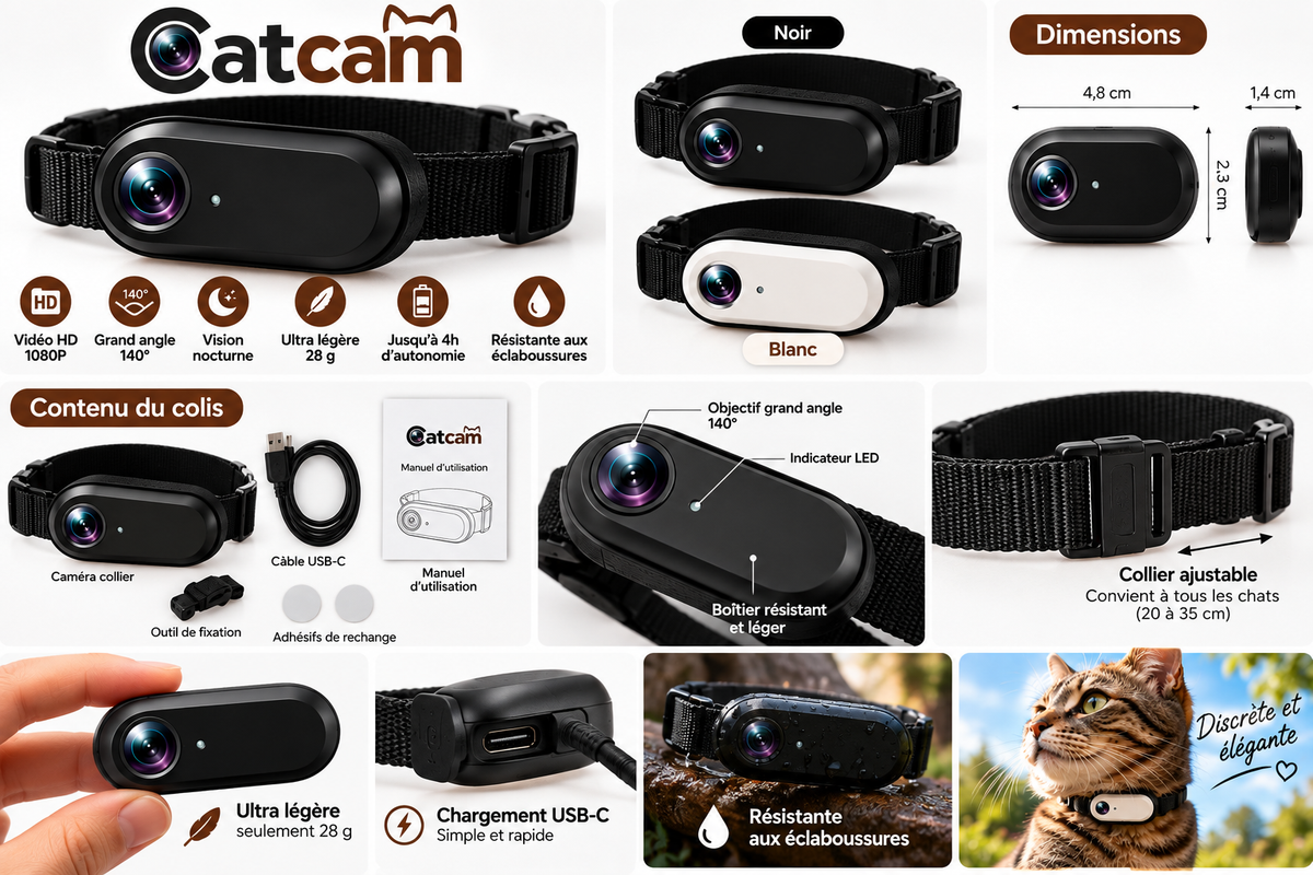 CatCam caméra avec accessoires et collier pour chat